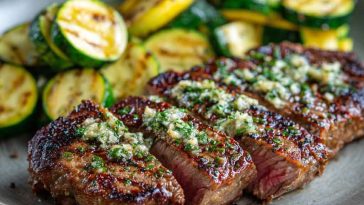 Juicy garlic butter steak bites with sautéed zucchini cooked in a skillet, coated in a rich buttery garlic sauce for a quick and flavorful dinner.