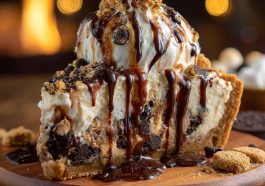 Ultimate Giant S’mores Cookie Dough Pie with layers of cookie dough, chocolate, and marshmallows, served on a dessert plate.