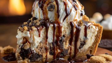 Ultimate Giant S’mores Cookie Dough Pie with layers of cookie dough, chocolate, and marshmallows, served on a dessert plate.