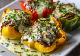 “Bell peppers stuffed with Philly cheesesteak filling of beef, onions, and melted cheese, served on a tray.”