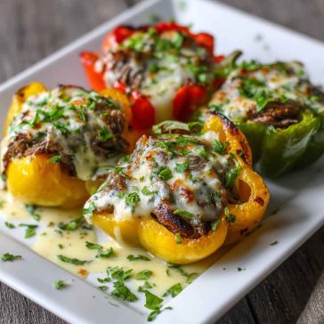 “Bell peppers stuffed with Philly cheesesteak filling of beef, onions, and melted cheese, served on a tray.”