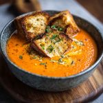 "Velvety roasted red pepper Gouda soup served in a bowl with fresh herbs and crusty bread"