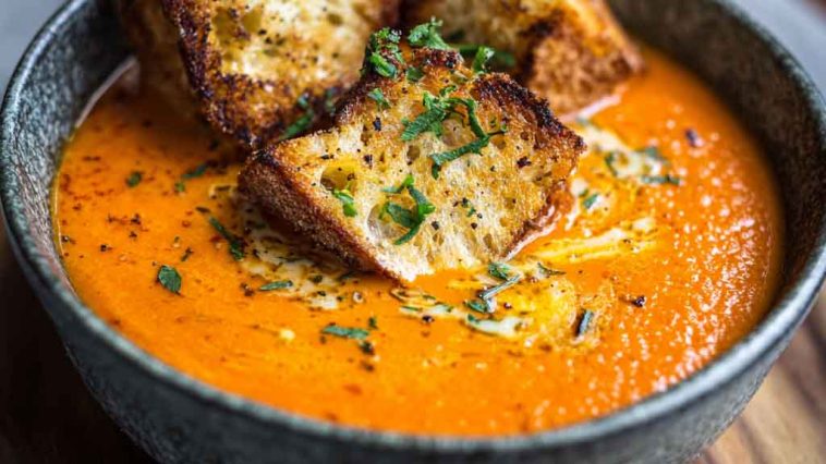 "Velvety roasted red pepper Gouda soup served in a bowl with fresh herbs and crusty bread"