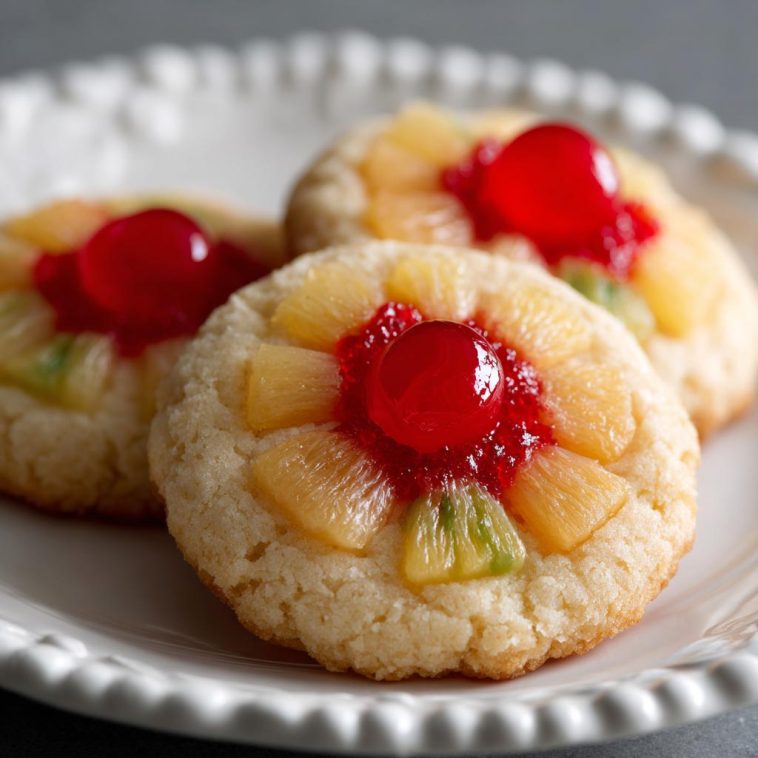 Golden pineapple upside down sugar cookie topped with caramelized pineapple rings and cherries on a dessert plate