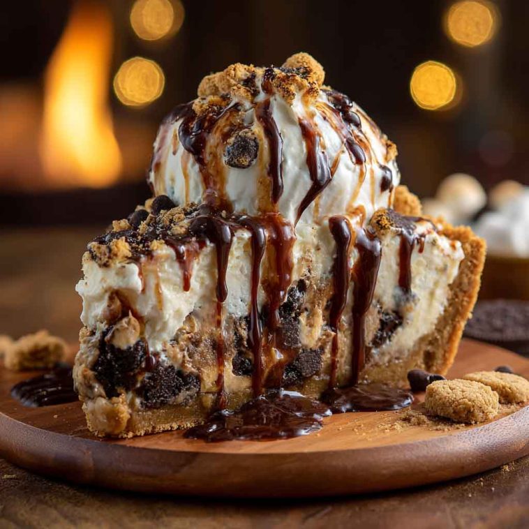 Ultimate Giant S’mores Cookie Dough Pie with layers of cookie dough, chocolate, and marshmallows, served on a dessert plate.