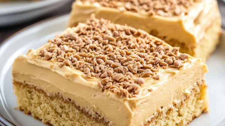 Moist peanut butter sheet cake topped with creamy peanut butter frosting, sliced into squares and served on a tray.
