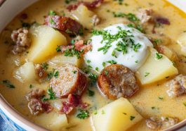 Classic German potato soup with sausage, carrots, celery, and herbs served in a rustic bowl.