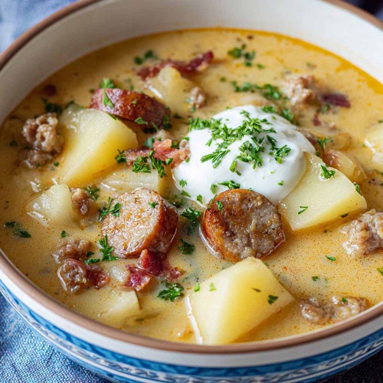 Classic German potato soup with sausage, carrots, celery, and herbs served in a rustic bowl.