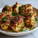 Garlic Parmesan Chicken Meatloaves with golden-brown crust, served with roasted vegetables and garnished with fresh parsley.