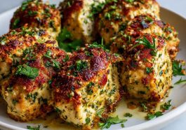 Garlic Parmesan Chicken Meatloaves with golden-brown crust, served with roasted vegetables and garnished with fresh parsley.