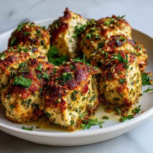 Garlic Parmesan Chicken Meatloaves with golden-brown crust, served with roasted vegetables and garnished with fresh parsley.