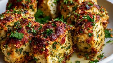 Garlic Parmesan Chicken Meatloaves with golden-brown crust, served with roasted vegetables and garnished with fresh parsley.