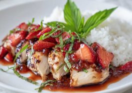Strawberry basil chicken garnished with fresh basil leaves on a plate