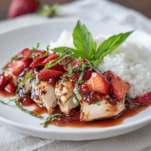Strawberry basil chicken garnished with fresh basil leaves on a plate