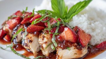 Strawberry basil chicken garnished with fresh basil leaves on a plate