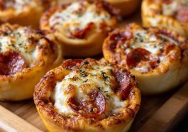 Mini deep dish pizzas made with crescent roll dough, filled with melted cheese, tomato sauce, and pepperoni, served in a muffin tin.