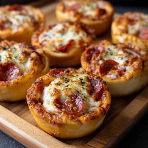 Mini deep dish pizzas made with crescent roll dough, filled with melted cheese, tomato sauce, and pepperoni, served in a muffin tin.