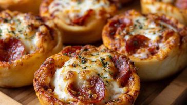 Mini deep dish pizzas made with crescent roll dough, filled with melted cheese, tomato sauce, and pepperoni, served in a muffin tin.