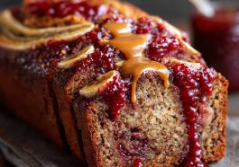 Peanut butter and jelly banana bread loaf sliced and drizzled with peanut butter, featuring swirls of fruit jam and ripe banana texture.