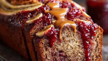 Peanut butter and jelly banana bread loaf sliced and drizzled with peanut butter, featuring swirls of fruit jam and ripe banana texture.