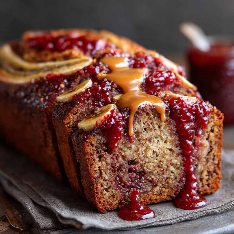 Peanut butter and jelly banana bread loaf sliced and drizzled with peanut butter, featuring swirls of fruit jam and ripe banana texture.