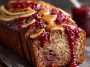 Peanut butter and jelly banana bread loaf sliced and drizzled with peanut butter, featuring swirls of fruit jam and ripe banana texture.