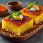 Soft and syrup-soaked Turkish revani cake made with semolina, topped with coconut or pistachios and served in slices.