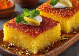 Soft and syrup-soaked Turkish revani cake made with semolina, topped with coconut or pistachios and served in slices.