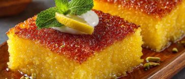Soft and syrup-soaked Turkish revani cake made with semolina, topped with coconut or pistachios and served in slices.