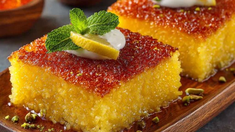 Soft and syrup-soaked Turkish revani cake made with semolina, topped with coconut or pistachios and served in slices.
