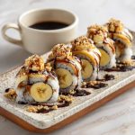 Slices of banana sushi topped with peanut butter, chocolate drizzle, and sprinkled with coconut flakes, arranged neatly on a plate.