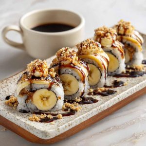 Slices of banana sushi topped with peanut butter, chocolate drizzle, and sprinkled with coconut flakes, arranged neatly on a plate.