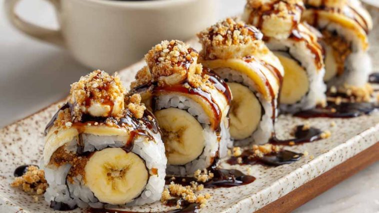Slices of banana sushi topped with peanut butter, chocolate drizzle, and sprinkled with coconut flakes, arranged neatly on a plate.