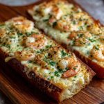 Cheesy Shrimp Garlic Bread Delight with golden toasted bread topped with garlic butter, melted cheese, and succulent shrimp, garnished with parsley.