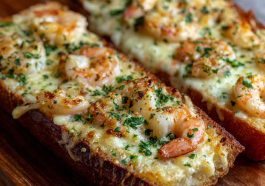 Cheesy Shrimp Garlic Bread Delight with golden toasted bread topped with garlic butter, melted cheese, and succulent shrimp, garnished with parsley.