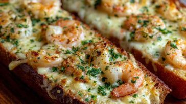 Cheesy Shrimp Garlic Bread Delight with golden toasted bread topped with garlic butter, melted cheese, and succulent shrimp, garnished with parsley.