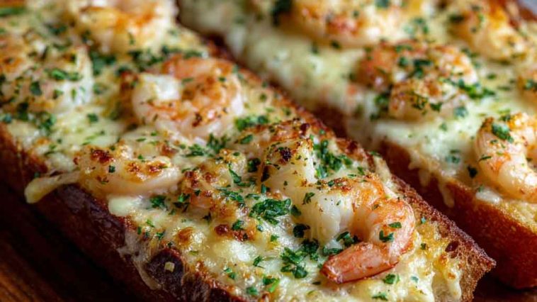 Cheesy Shrimp Garlic Bread Delight with golden toasted bread topped with garlic butter, melted cheese, and succulent shrimp, garnished with parsley.