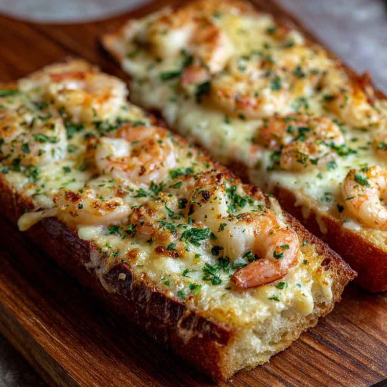 Cheesy Shrimp Garlic Bread Delight with golden toasted bread topped with garlic butter, melted cheese, and succulent shrimp, garnished with parsley.