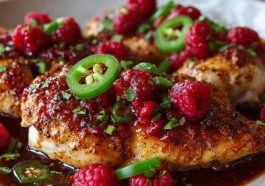 “Grilled chicken topped with sweet raspberry glaze and spicy jalapeño slices, garnished with fresh herbs.”