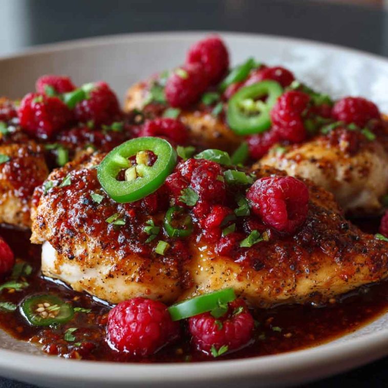 “Grilled chicken topped with sweet raspberry glaze and spicy jalapeño slices, garnished with fresh herbs.”