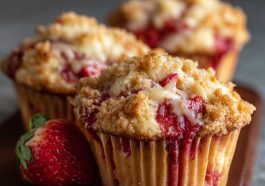 Freshly baked strawberry cream cheese muffins with golden tops and chunks of strawberries on a cooling rack