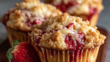 Freshly baked strawberry cream cheese muffins with golden tops and chunks of strawberries on a cooling rack