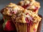 Freshly baked strawberry cream cheese muffins with golden tops and chunks of strawberries on a cooling rack