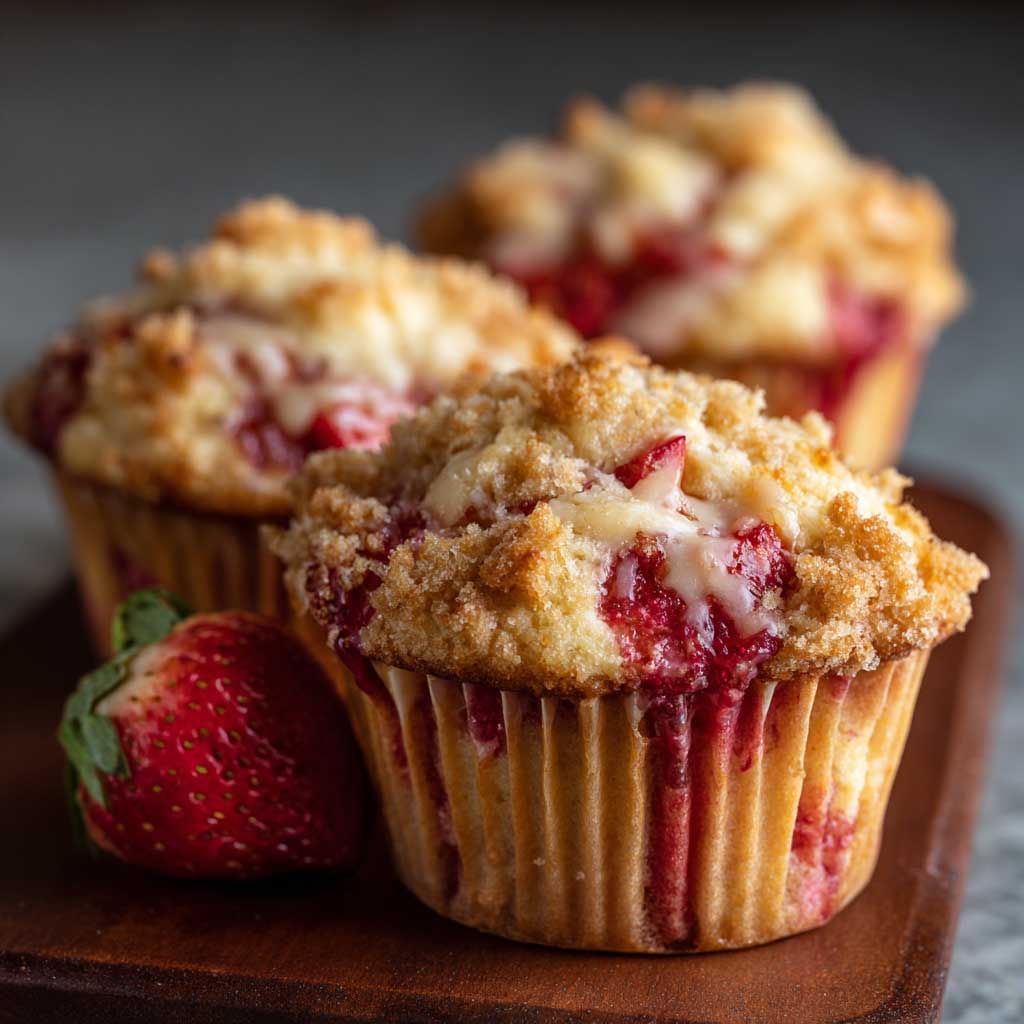 Freshly baked strawberry cream cheese muffins with golden tops and chunks of strawberries on a cooling rack