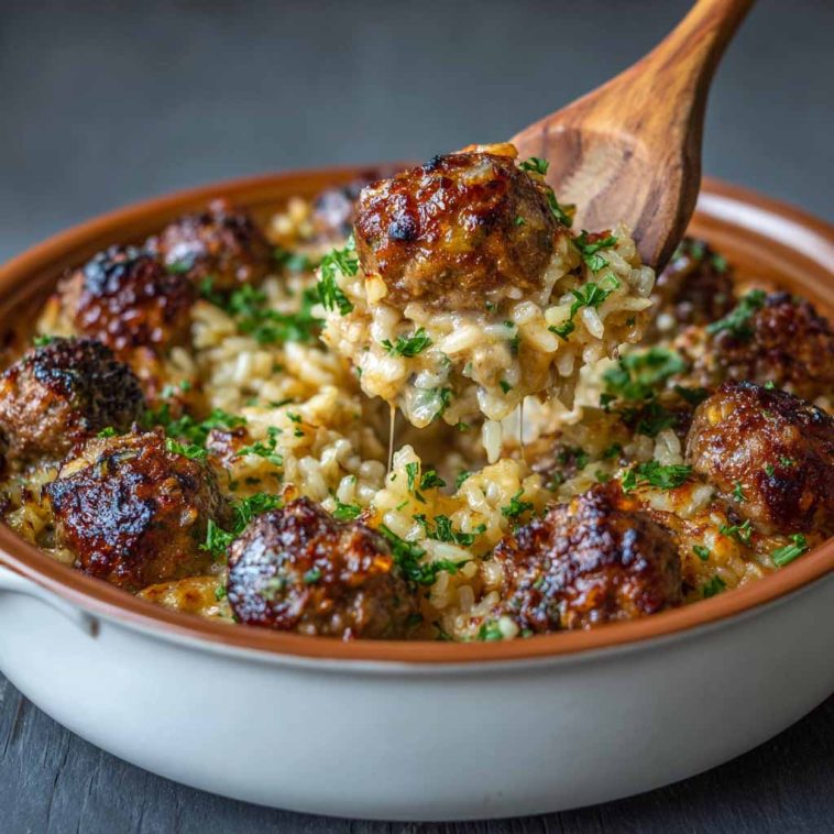 Honey garlic meatball rice bake in a casserole dish with parsley garnish