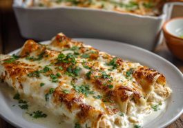 Creamy white chicken enchiladas made with shredded rotisserie chicken, tortillas, and cheese, baked until golden and bubbly.