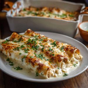 Creamy white chicken enchiladas made with shredded rotisserie chicken, tortillas, and cheese, baked until golden and bubbly.