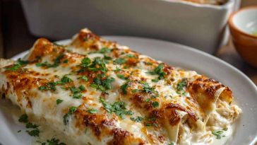 Creamy white chicken enchiladas made with shredded rotisserie chicken, tortillas, and cheese, baked until golden and bubbly.