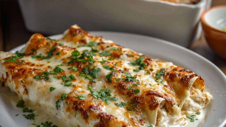 Creamy white chicken enchiladas made with shredded rotisserie chicken, tortillas, and cheese, baked until golden and bubbly.