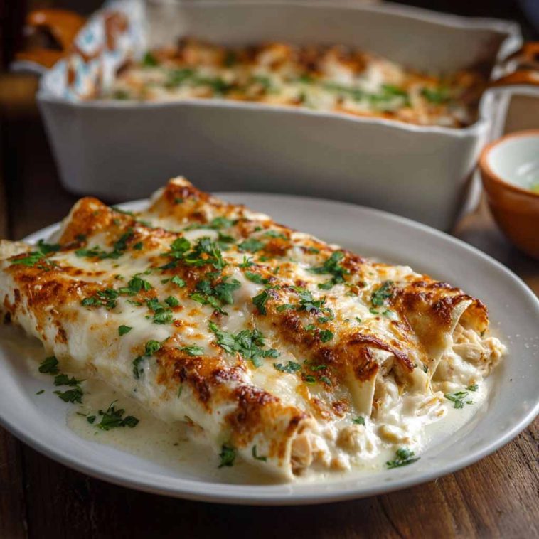 Creamy white chicken enchiladas made with shredded rotisserie chicken, tortillas, and cheese, baked until golden and bubbly.